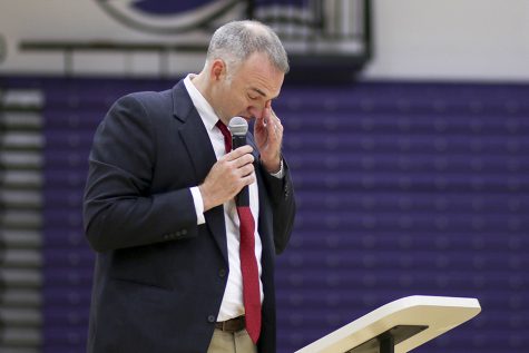 UW-W swim and dive head coach Joel Rollings breaks down while talking about Spencer Twining. Photos by Kimberly Wethal