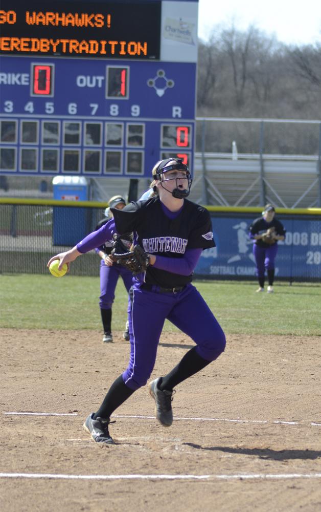 Freshman pitcher Bella Matthias winds up for a pitch in a game earlier this year. Matthias threw her second no-hitter of the season in the 8-0 vs. the UW-Stout Blue Devils on April 29. Photo by Sierra High