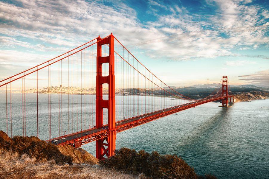 famous Golden Gate Bridge, San Francisco at night, USA