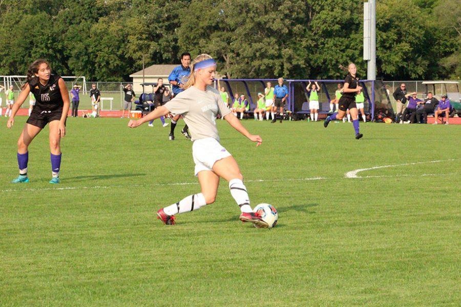 Freshman forward Kaci Schonert dribbles upfield in a home game against St. Catherine 
University on Sept. 25. The Warhawks won 7-1 with Schonert recording two assists in the victory. Photo by Kim Gilliland
