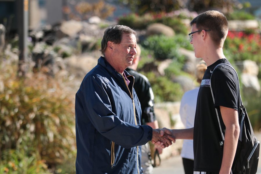 43rd District candidate Don Vruwink greets students on campus and urges them to vote for him in the local elections on Nov. 8. Vruwink defeated his opponent Allison Hetz, a University of Wisconsin-Whitewater Alumni