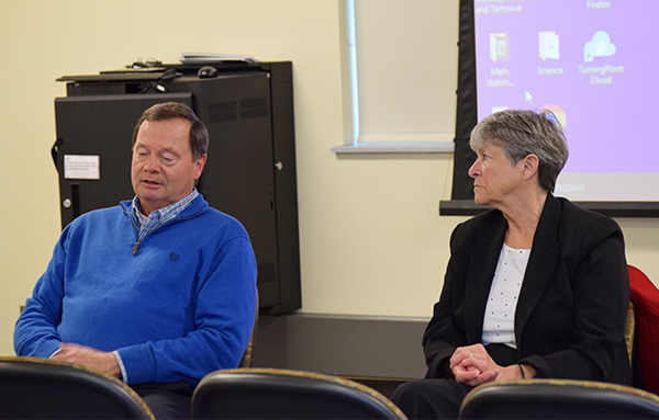 Sen. Janis Ringhand listens to Rep. Don Vruwink’s take on segregated fees and the impact on universities. Sen. Ringhand and Vruwink held two other sessions in downtown Whitewater to hear student and community voices.