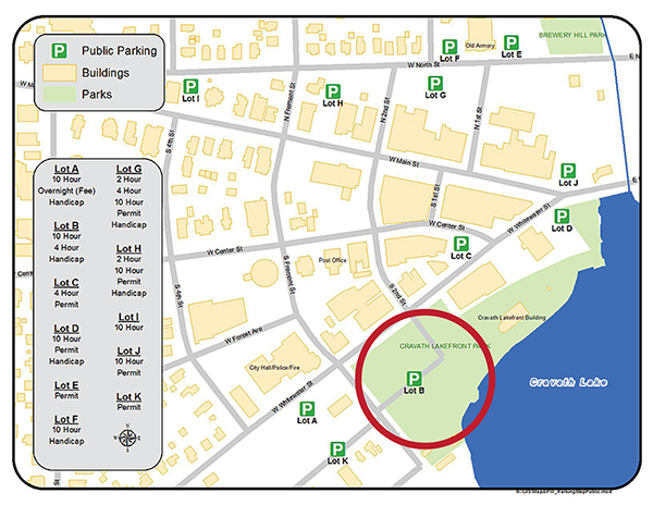 This map shows the area where the potluck will be held, near the Whitewater Historic Train Depot, located at 301 W Whitewater St. Several available parking locations also are marked.