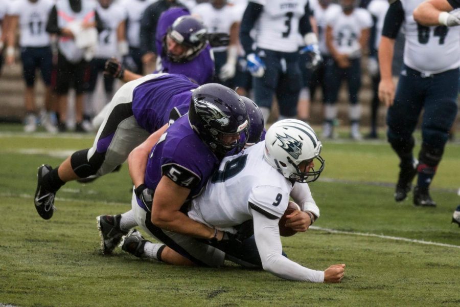 On a rainy afternoon the UW-Whitewater football team defeated the 23rd ranked UW-Stout Blue Devils 14-0 in the Warhawks home opener.