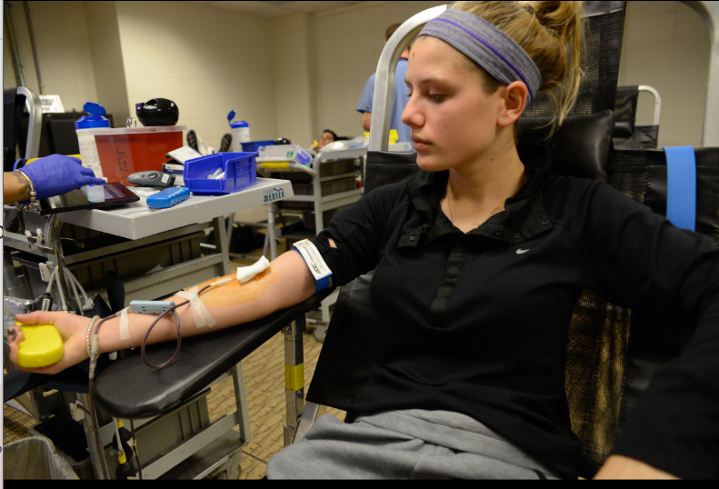 Sophomore biology major Elli Wahlberg donates blood on Feb. 20 in Esker Hall during the annual blood drive hosted by the Pre Health Associates of Today (PHAT) and TriBeta organizations. 

