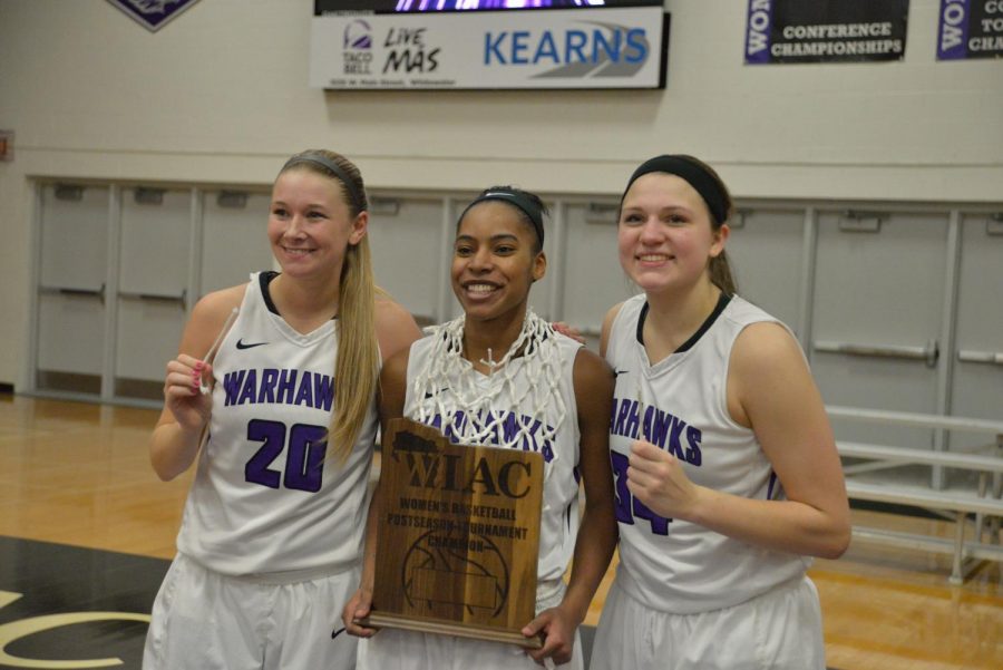 The+senior+trio+of+Brooke+Trewyn%2C+Malia+Smith+and+Andrea+Meinert+%28left-to-right%29+were+all+named+first-team+All-WIAC+for+the+women%E2%80%99s+basketball+team.%0A