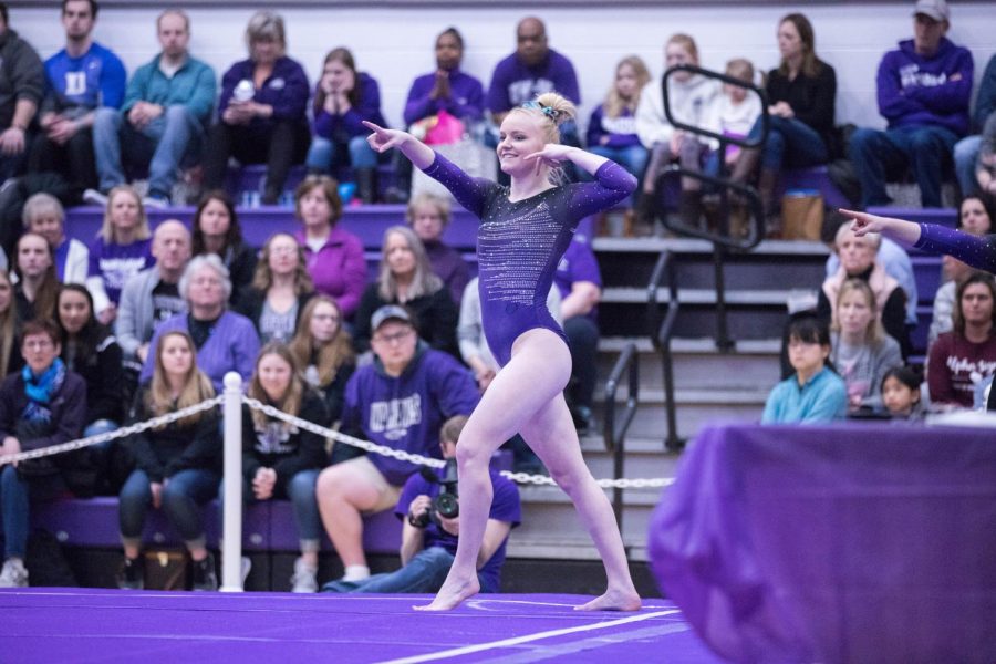 Sophomore+Acacia+Fossum+earned+her+first+ever+All-America+honor+with+her+performance+on+the+floor+exercise+during+the+NCGA+Individual+Event+Finals+March+24.+Fossum+scored+a+9.850%2C+tied+for+third+at+the+meet%2C+and+tied+for+the+second+highest+score+in+program+history.+