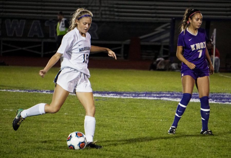 Freshman midfielder Carli Niehls handles the ball against Knox College (Ill.). Niehls played 60 minutes against Knox and has two goals on the season. 