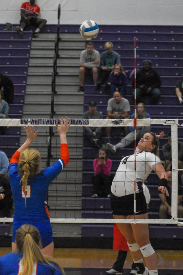Erin Erb goes up for a kill against UW-Platteville on Tuesday night, Oct. 8. 