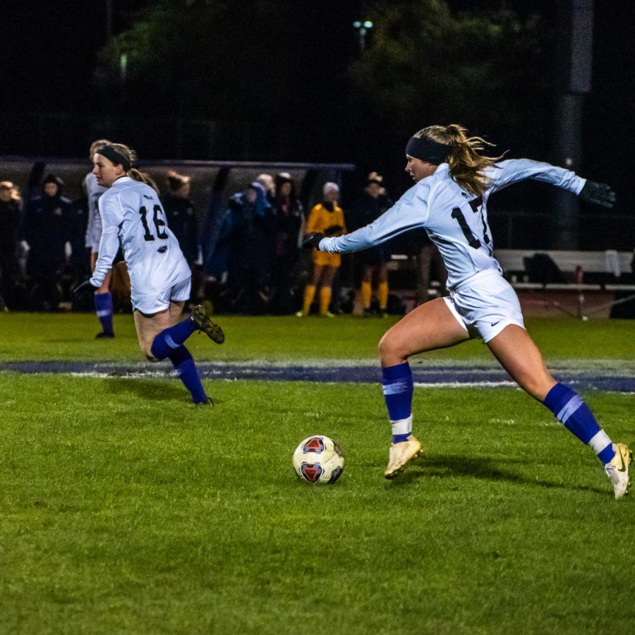 Katie Kusswurm dribbles the ball up the field on Oct. 30 against Eau Claire at Fiskum Field. 
