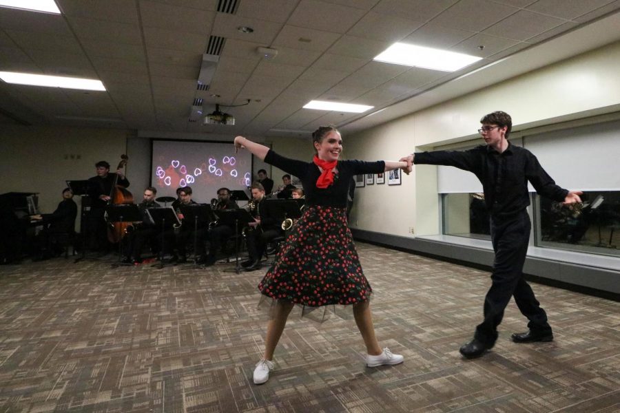 University of Wisconsin-Whitewater students Sarah Keller and Brady Janquart dance to the Wisconsin Jazz Educators Network.
