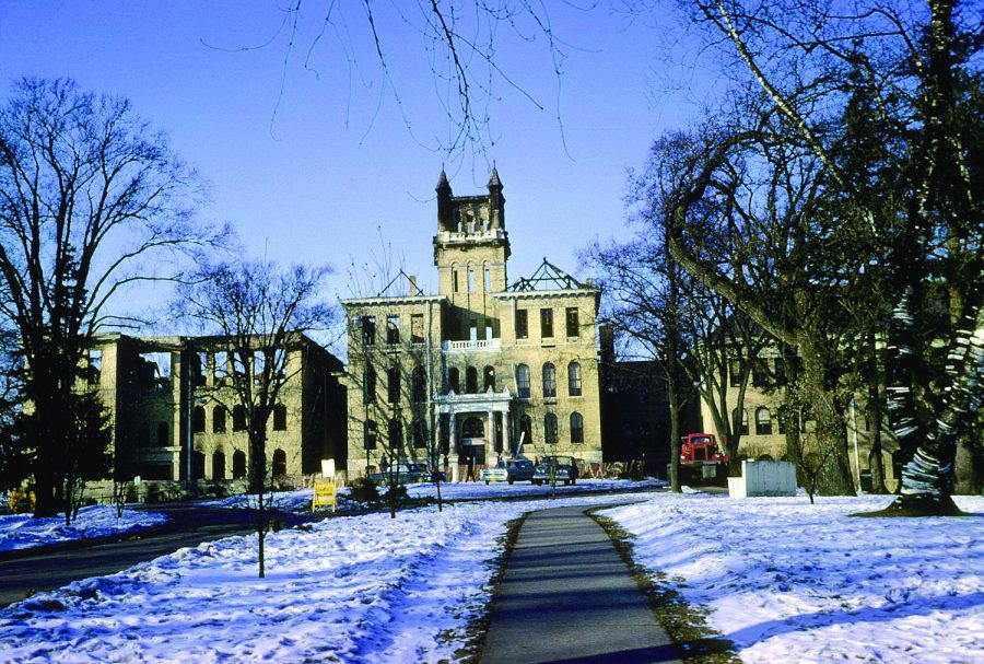 Old Main sits  vacant in the days following the Feb. 7, 1970 blaze which destroyed 28 classrooms throughout the Central, North and West portions of the structure. 19 rooms were also damaged in the East Wing (Hyer Hall) via water and smoke damage.
