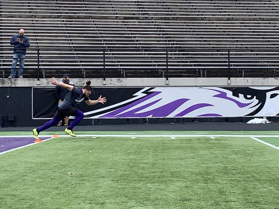 Whitewater football player Justin Prostinak breaks off the line to begin his 40-yard dash. Prostinak featured mostly as a kick returner for UW-W, but participated in Pro Day as a running back. The Senior racked up 250 yards between returning both kicks and punts, including a punt-return touchdown against UW-Stout.