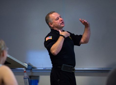 The first week of fall classes found UW-Whitewater police chief Matt Kiederlen teaching his first law enforcement practices course in Hyer Hall on Friday, Sept. 6, 2019.