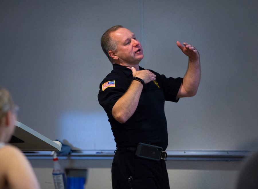 The first week of fall classes found UW-Whitewater police chief Matt Kiederlen teaching his first law enforcement practices course in Hyer Hall on Friday, Sept. 6, 2019. 