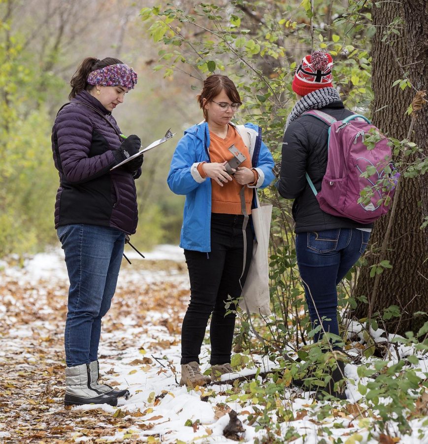 Assistant Professor Andrea Romero, left, writes down data dictated by Regina Rose, facing camera, who is an environmental sciences student from Roscoe, Illinois, and Noel Schmitz, a biology major from Sparta, Wisconsin. Two UW-Whitewater students and their professor, contributed wildlife images to the Smithsonian Snapshot USA project, and collected trail cameras on the campus Nature Preserve on Friday, Nov. 1 2019, the final day of the project.