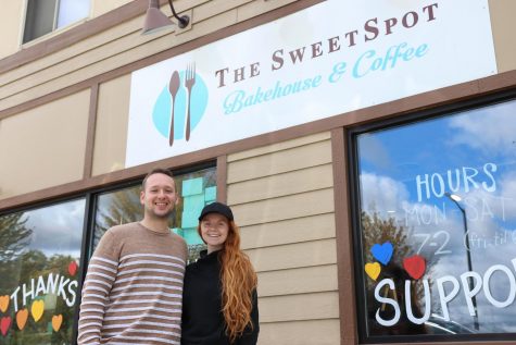 Elena Schleusner and Jacob Gildemeister, new Owners of both the Sweetspot Bakehouse and Sweetspot Cafe stand outside their business for a photo on Friday Sept. 18 in Whitewater Wisconsin.
