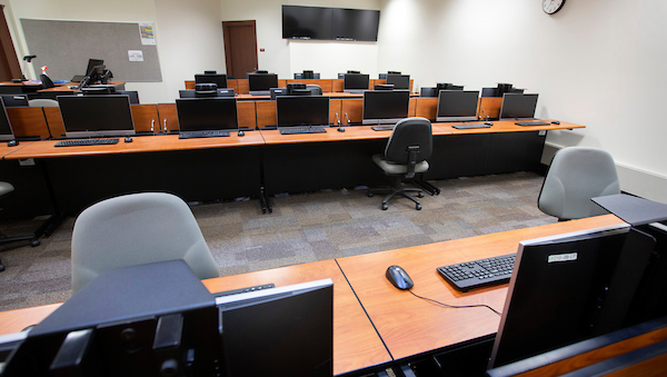 A computer science classroom with chairs removed for physical distancing on Aug. 14, 2020. Staff have been working to set up classrooms and other public spaces on the UW-Whitewater campus for social distancing due to the COVID-19 pandemic. (UW-Whitewater photo/Craig Schreiner)