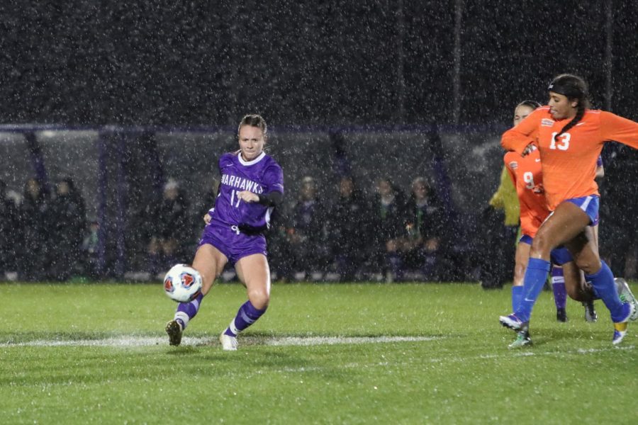 UW-Whitewater women’s soccer senior defender Katy Kusswurm (17) kicks the ball in the rain,
during a match against UW-Platteville in October 2019.