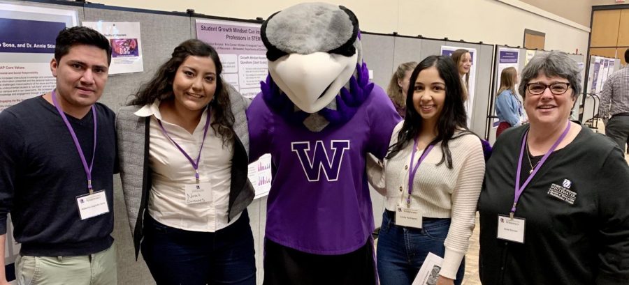 During their LEAP Day celebration, members presented their project that concerned the undocumented Latinx students on campus. From the left to the right is Roberto Sagrero Sosa, Nayeli Govantes Alcantar, Willie Warhawk, Emily Rodriguez, and Dr. Annie Stinson. 