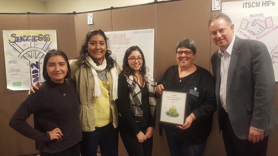 Daniela Porras, Nayeli Govantes Alcantar and Emily Rodriguez won the Gold Award for the best LEAP plan in Jan. 2019. From the left to the right: Daniela Porras, Nayeli Govantes Alcantar, Emily Rodriguez, Annie Stinson, Interim Provost Greg Cook. - Dr. Annie Stinson