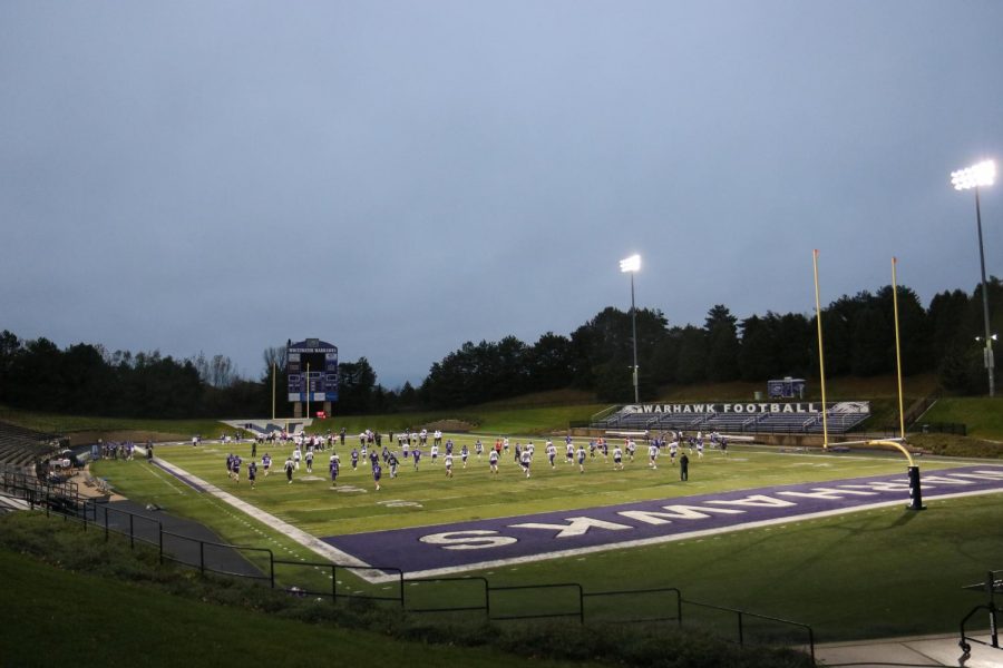 The Perkins Stadium field during a UW-Whitewater football team practice, early in the morning on Friday Oct 23. 