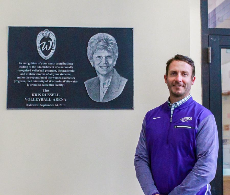 Next to the dedicated volleyball courts and plaque for Kris Russell, Ryan Callahan, the Interim Director of Intercollegiate Athletics, celebrates 50 years of WIAC Woman’s sports.