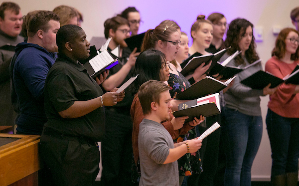 Combined choirs from the UW-Whitewater music department sing the Black National Anthem, "Lift Every Voice and Sing," at a Black History Month program at the University Center. UW-Whitewater welcomed Wisconsin Lt. Gov. Mandela Barnes as the Black History Month keynote speaker on Wednesday, Feb. 19, 2020. (UW-Whitewater photo/Craig Schreiner)