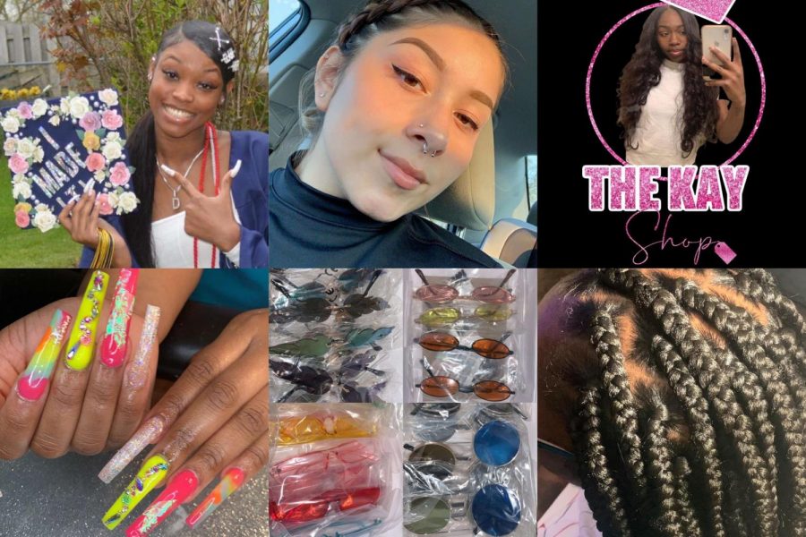 (Left to right) Freshman Darreahn Smith and one of her favorite nail sets. Freshman Jocelyn Sanchez-Ortiz and her orders of sunglasses. Freshman K’Hira Bonds-Hunt featured in her business logo and a picture of her finished box braids service.