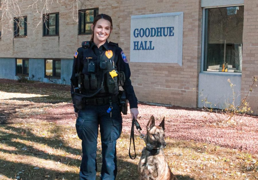 UW-W+Police+K-9+Officer+Kelsey+Servi+and+her+dog+Truus+keep+watch+outside+Goodhue+Hall+Nov.+12.+