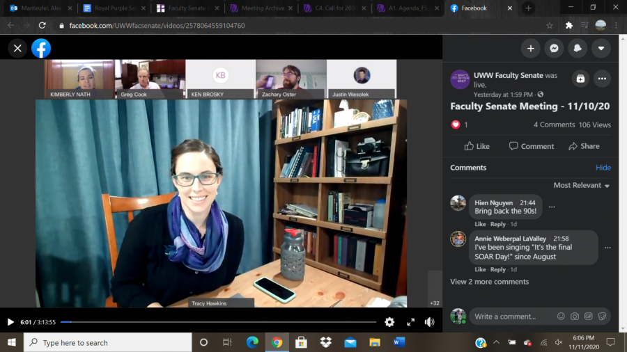 Faculty+Senate+Chair+Tracy+Hawkins+addresses+attendees+at+the+Nov.+10+virtual+meeting.+