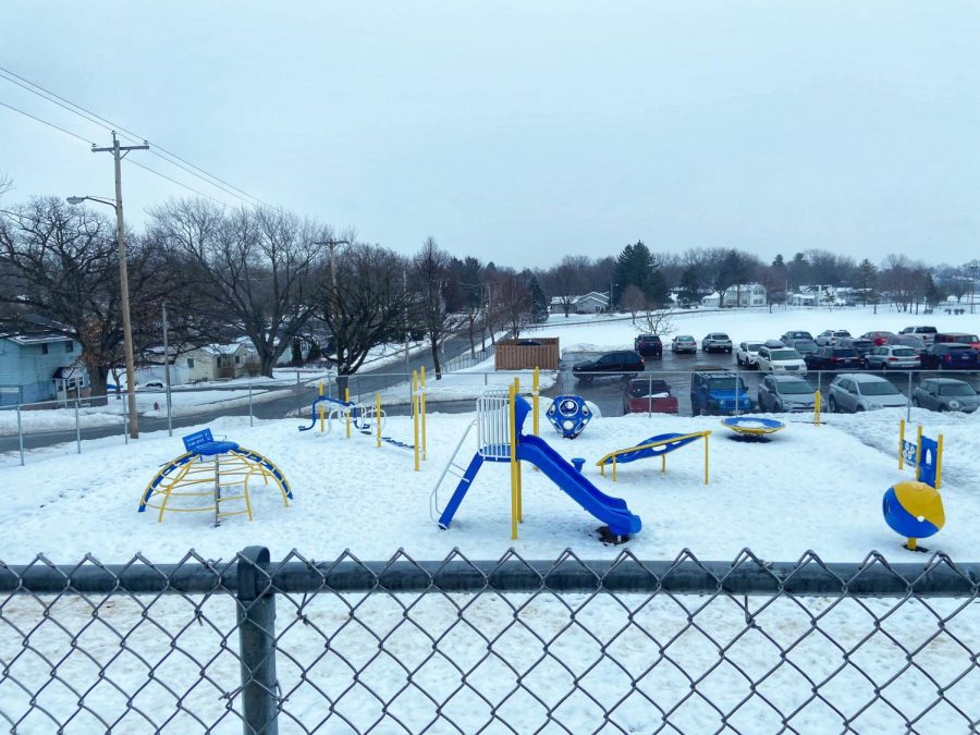 The empty snow covered playground sits beside Washington Elementary school in Whitewater, where students are scheduled to resume in-person attendance on Monday Jan. 18.