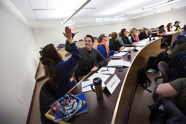 UW-Whitewater senior Brittany Gonzales, left, and junior Nate Kelty win by a close vote and an arcane rule on their  argument to let a Wisconsin case on private property advance in the U.S. Supreme Court on Thursday, February 23, 2017.  Teams of students in Associate Professor Jolly Emreys Legal Research and Writing class spend the semester researching current cases pending on the federal Supreme Courts docket from a particular justices perspective.  Brittany and Nate were acting as Justice Anthony Kennedy.  The students tend to get a bit invested and really take on their role as justice seriously, Emrey said.  Students write a full legal brief based on research and do oral arguments acting as their justice near the end of the semester.  (UW-Whitewater photo/Craig Schreiner)