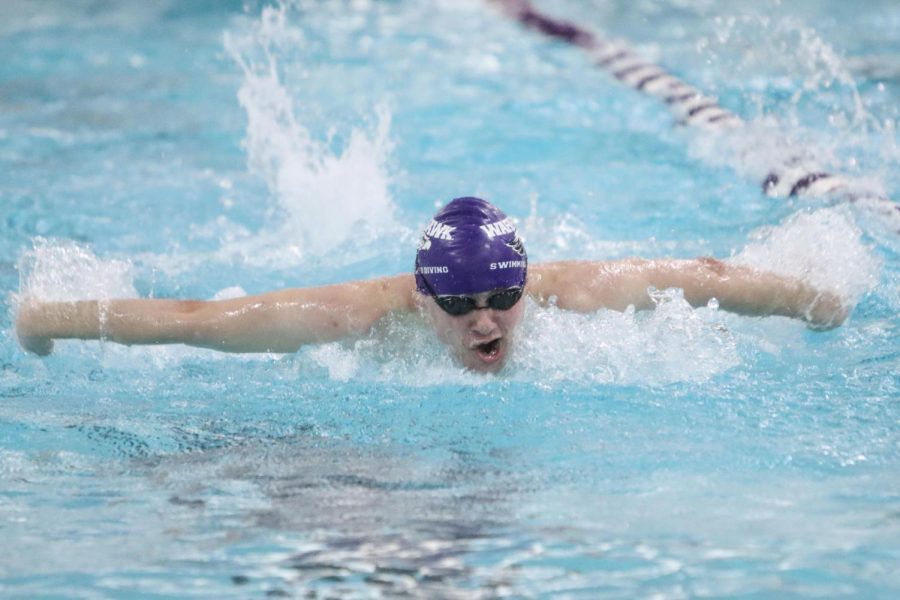 Freshman Jalen Stimes swims the butterfly for the warhawks during the team's final home meet of the 2020-21 season against UW-La Crosse, Saturday March 6. 