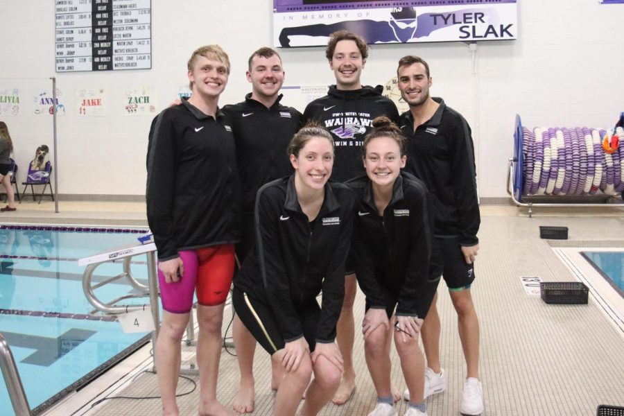 UW-Whitewater men’s and women’s swimming and diving seniors were celebrated on senior day during the warhawks meet against UW-La Crosse, Saturday March 6. From left to right: Tristan Whiting, Zach Noll, Anna Yeazel, Jack Herlache, Skyler Budny, Tyler Chatterton and Olivia Theobald (not pictured). 