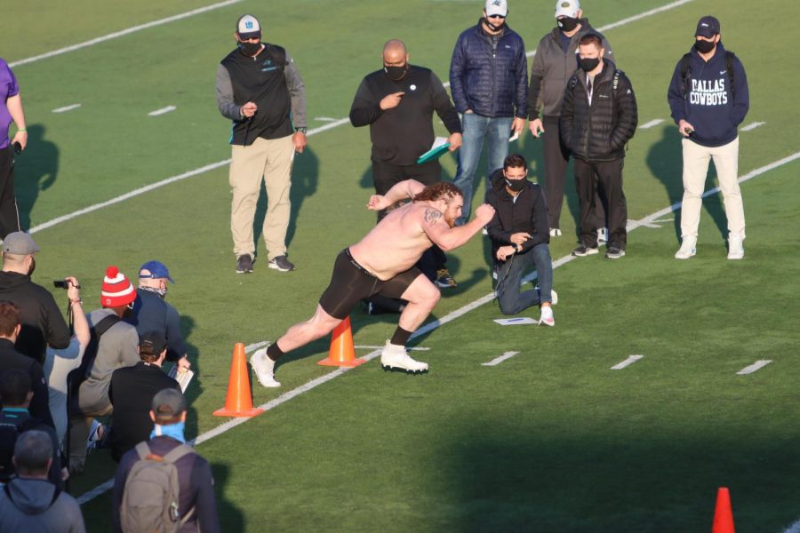Representatives from NFL teams were at Perkins Stadium to observe Quinn Meinerz as he completed various agility drills during the Pro Day. 