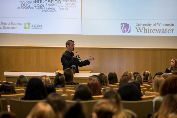 John Chenoweth, Dean of the college, speaks to students. Every year the College of Business and Economics hosts Woman in Business Day, an event for high school students to learn about careers and opportunities in business. The event took place on Oct. 18, 2019. (UW-Whitewater photo/Nick Pook)