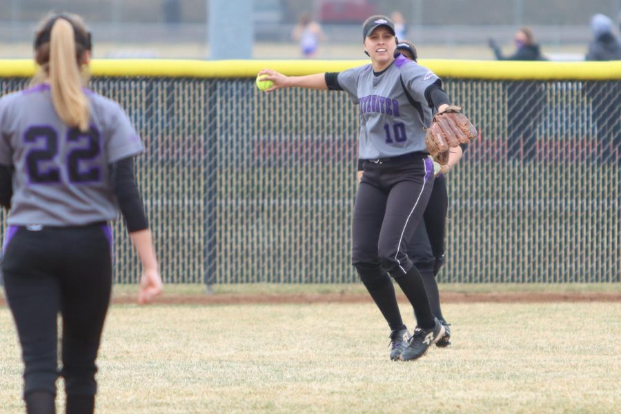 Vera Pflugradt (10) is a senior outfielder on the UW-Whitewater women’s softball team. 