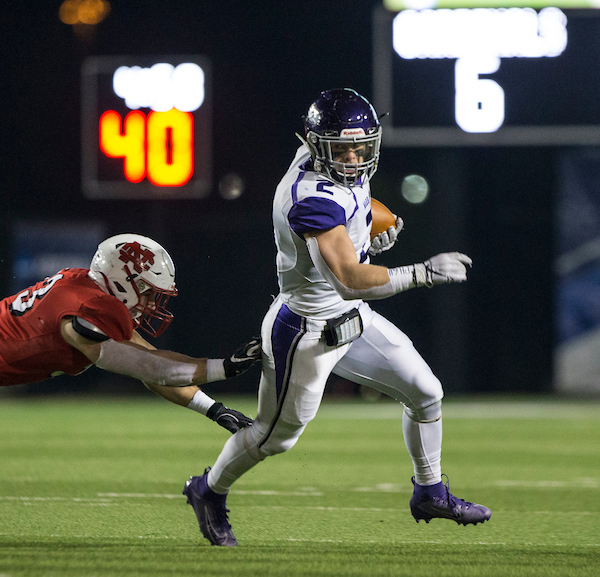 Warhawk running back Ronny Ponick evades a North Central defender. The UW-Whitewater football team makes its tenth appearance in the NCAA Division III national championship game, the Stagg Bowl, against North Central College (Illinois) at Woodforest Bank Stadium in Shenandoah, Texas, on Friday, Dec. 20, 2019. (UW-Whitewater photo/Craig Schreiner)