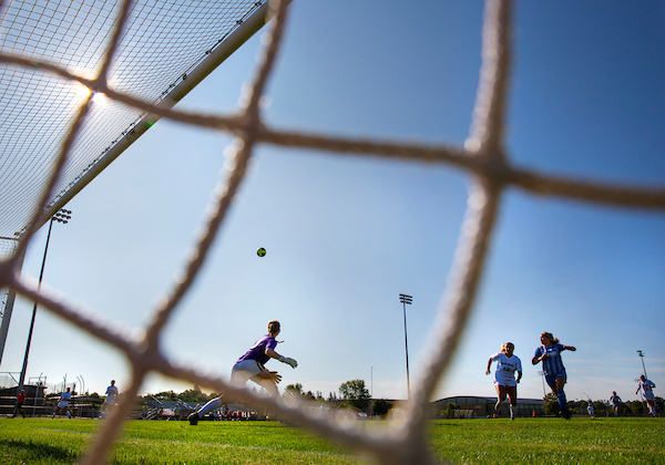 Goalkeepr Drew Antcliff, center, lines up to intercept the ball as UW-Whitewater women's soccer players sharpen their skills in an exhibition match at Fiskum Field on Thursday, August 22, 2019. The Warhawks begin their season next week, and the home opener is Wednesday, Sept. 4 at 7 p.m. 