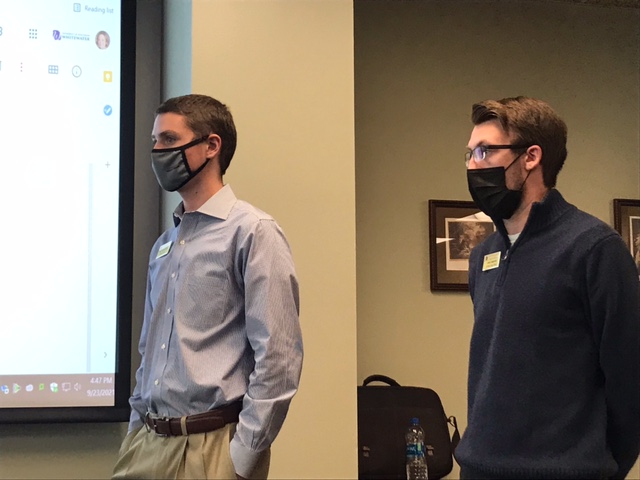 Segregated University Fee Allocation Committee (SUFAC) chair Matt Schweinert (left) and vice chair Collin Chapman explain the application process for funding to attendees of the SUF 411 training held Thursday, Sept. 23 and Friday, Sept. 24 in the University Center. 