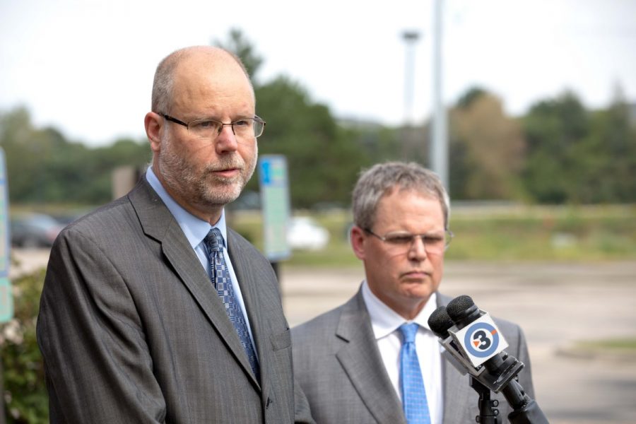 Attorneys Victor Forberger and Paul Kinne speak at a press conference announcing a class-action lawsuit challenging a Wisconsin law that bars people receiving federal disability assistance from qualifying for state unemployment benefits on Sept. 7 in Madison.