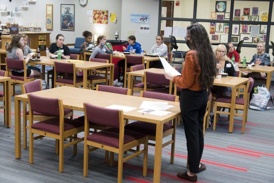 The Makerspace & Programming Librarian, Torrie Thomas having the conversation with the Whitewater Middle schoolers about the library on Oct 13.