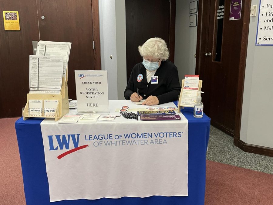 Voter services chair Julia Ross of the League of Women Voters of the Whitewater Area tables at the Irvin L. Young Public Library Tuesday, Sept. 28 to help citizens register ahead of the coming November election. 