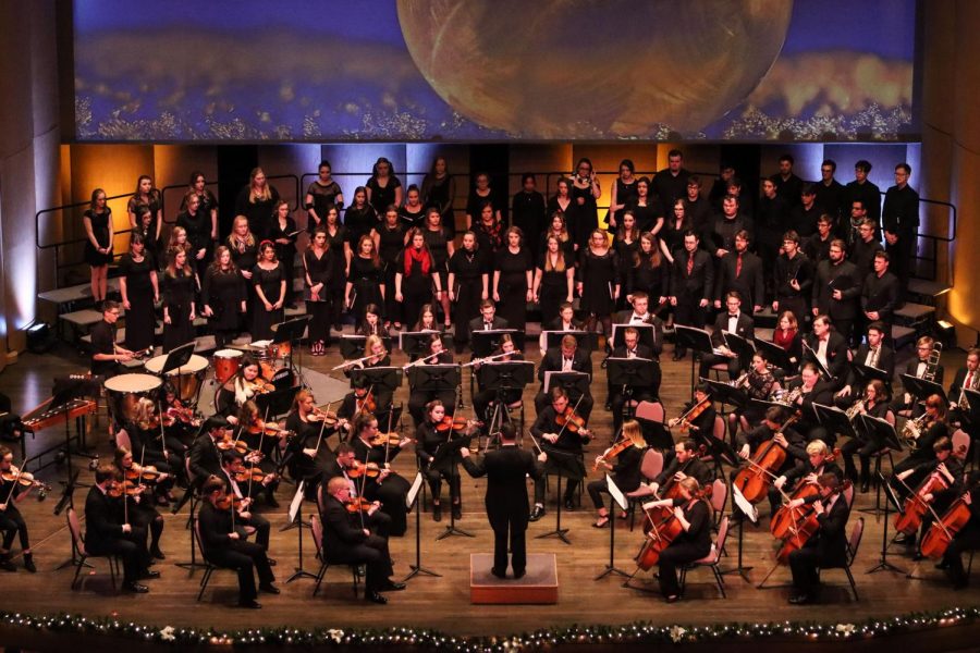 The Whitewater Symphony Orchestra, the Concert Choir, and Chamber Singers performing together at the 25th annual Gala Holiday Concert on Saturday Dec.7, 2019. -Dane Sheehan