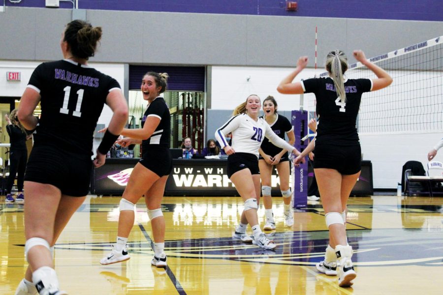 The University of Whitewater-Warhawks celebrates a hard-earned 3-1 win over the University of Dubuque during the home game on Oct. 13, 2021.