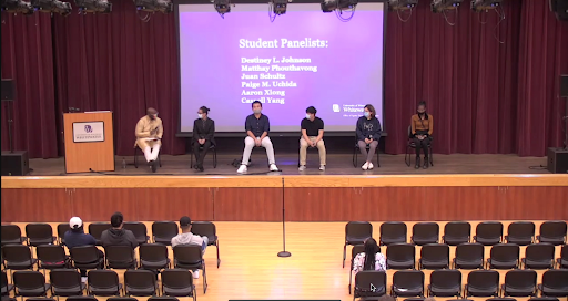 From left to right:  Associate Vice Chancellor Kenny Yarbrough, Matt Phoutavong, Aaron Xiong, Cassell Yang, Paige M. Uchida and Destiney L. Johnson speak at the student panel of the 2021 Diversity Forum Thursday, Oct. 7. 