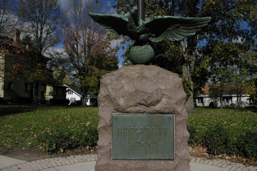 Over on Main Street stands a rock with an eagle perched on it. Clutched in its talons is the globe and looking closer at the rock there are copper plaques that are in memoriam to all the unknown dead soldiers of all wars, soldiers of WW1, the civil war, and the spanish-american war. Nov. 2nd 2021.