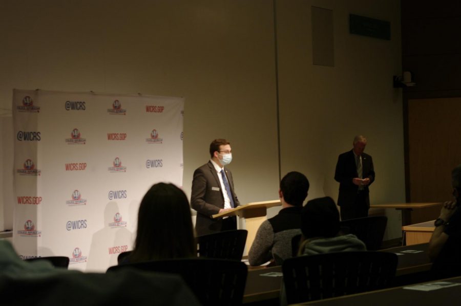 John Beauchamp introduces Ron Johnson to the crowd of students and whitewater residents. 11/10/21
