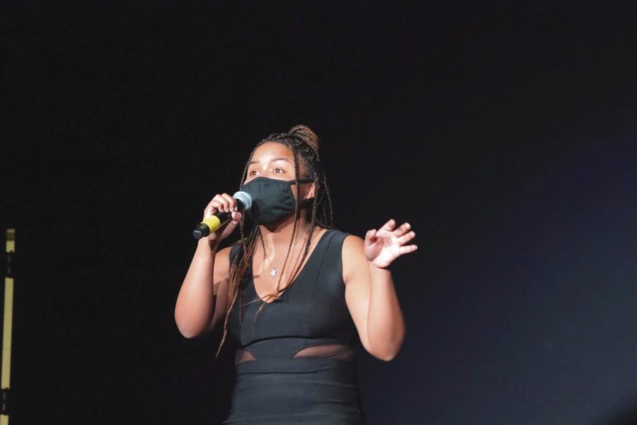 Sophomore early education major Daisha Thomas performs the National Black anthem to start off the 1st annual Black is Beautiful event hosted by the Black Student Union in honor of Black history month, Thursday, Feb. 3, 2022.
